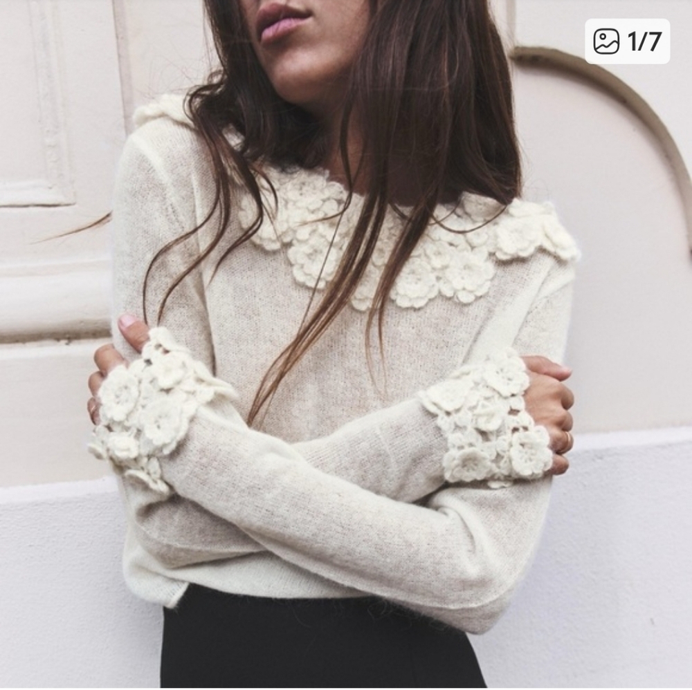 NWT ZARA alpaca And Wool Blend Ecru Cream Whife Soft Sweater With Floral Details